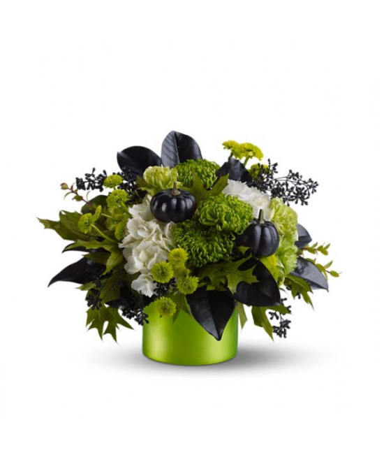 Green & White Artificial Floral Arrangement in Black Vase